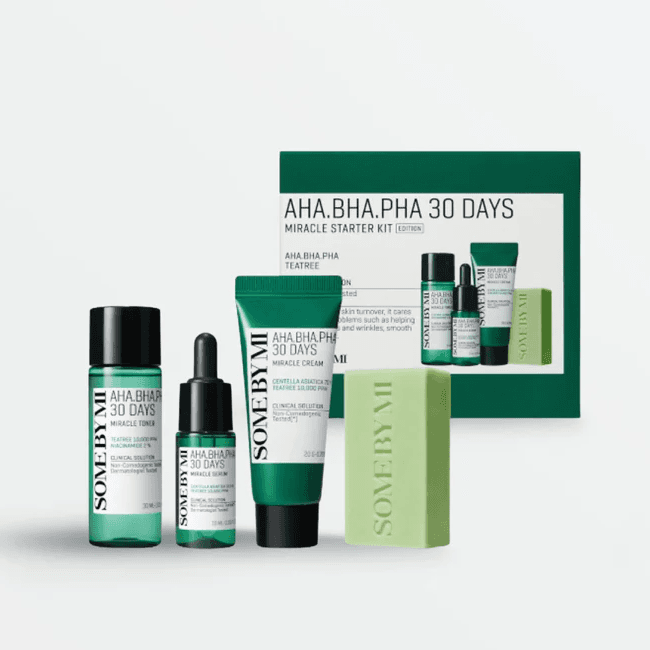 Aha-Bha-Pha 30 Days Miracle Starter Kit (Toner 30ml
Serum 10ml
Cream 20g
Cleansing bar 30g)